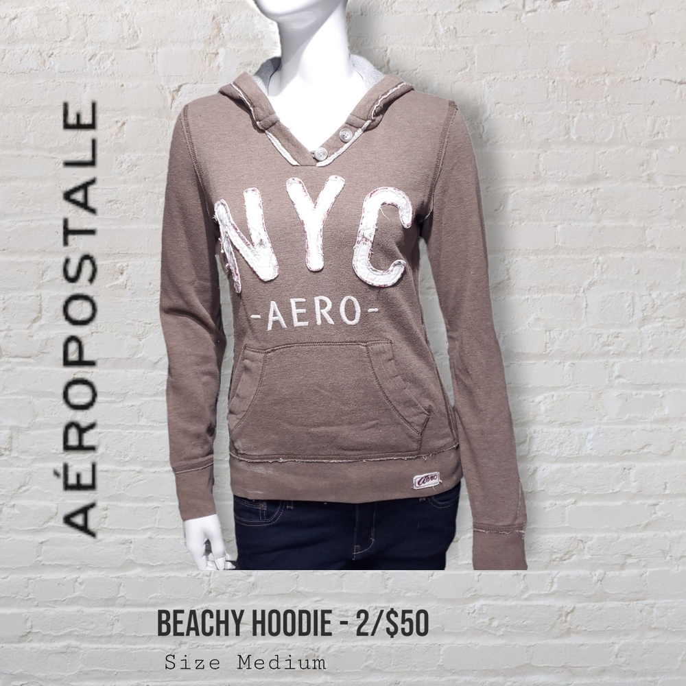 Aeropostale Brown Hoodie Distressed NYC Logo Women's Medium